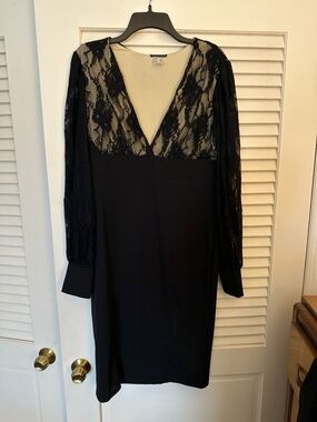 VENUS Black Lace Plunge Dress Large Sheer Sleeve Cocktail Party Date Night L